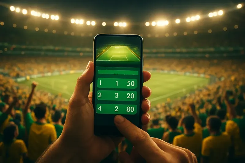 Estádio Maracanã lotado à noite com torcida em verde e amarelo, mãos segurando celular com apostas ao vivo