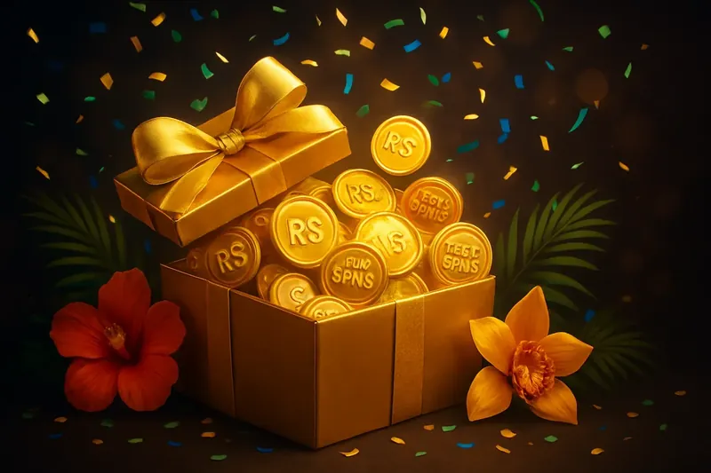 Caixa dourada com moedas de Real, fichas de giros grátis e confetes de carnaval em clima festivo