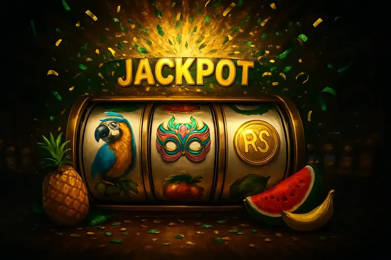 Cenário Caça-Níqueis Brasileiro Máquina de caça-níqueis vibrante com símbolos tropicais, papagaios, máscaras de carnaval, moedas de real e jackpot explodindo em festa junina