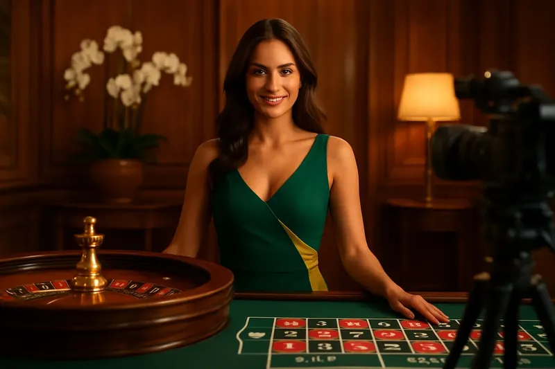 Roleta Ao Vivo Luxo Croupier brasileira elegante em mesa de roleta, decoração tropical, atmosfera inspirada no Copacabana Palace