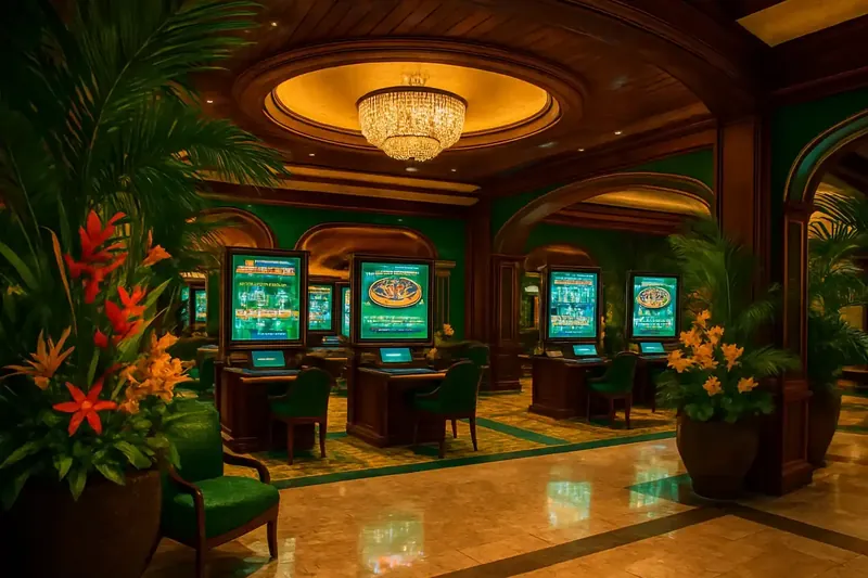 Lobby de cassino elegante com decoração tropical brasileira, flores exóticas e telas de jogos iluminadas