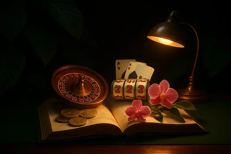 Livro aberto com páginas brilhantes mostrando roleta, caça-níqueis, cartas de blackjack, moedas de real e flores tropicais, decoração de folhas da Amazônia