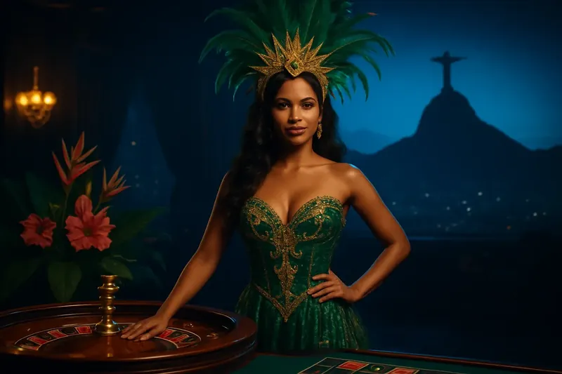 Mulher brasileira elegante em vestido de carnaval verde e dourado ao lado de mesa de roleta com flores tropicais e Cristo Redentor ao fundo