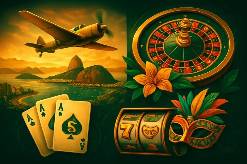 Montagem de jogos de cassino com Aviator, roleta, cartas e slots em tema brasileiro